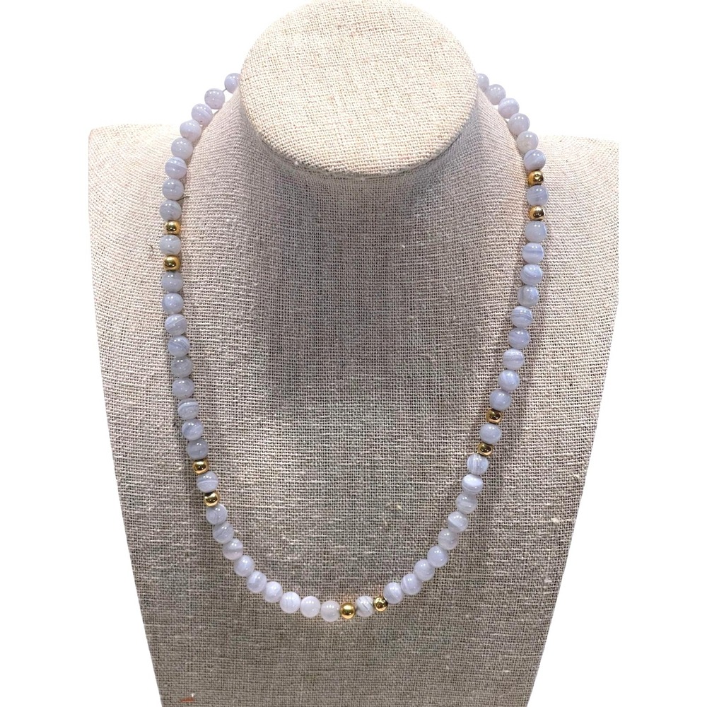 Vintage Blue Lace Agate Bead Necklace 20" Gold Tone Spacers Fishhook Clasp